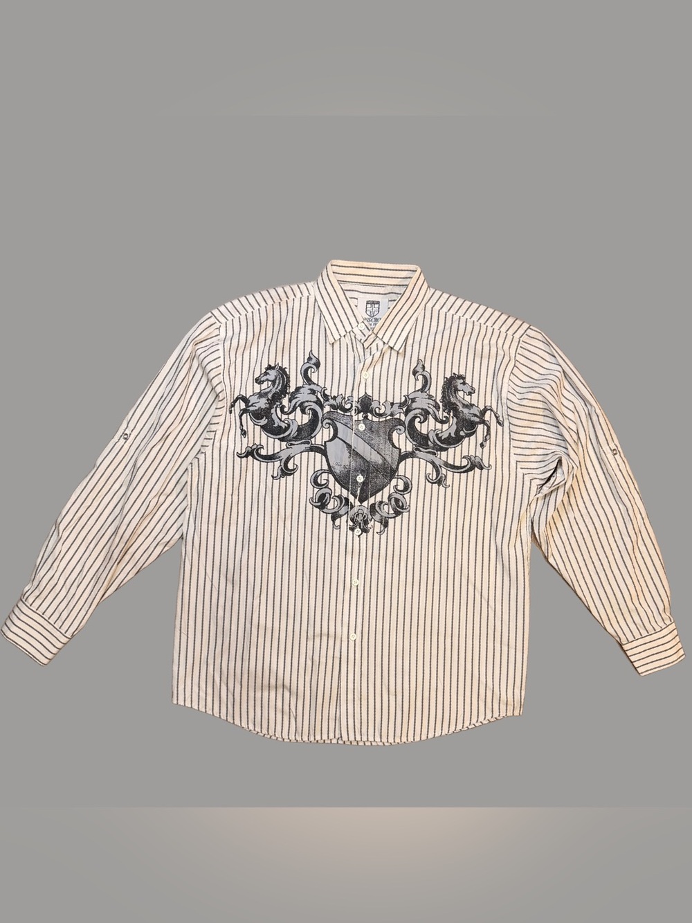 Swiss Cross Striped Cream Button-Up Shirt with Black Crest Print M